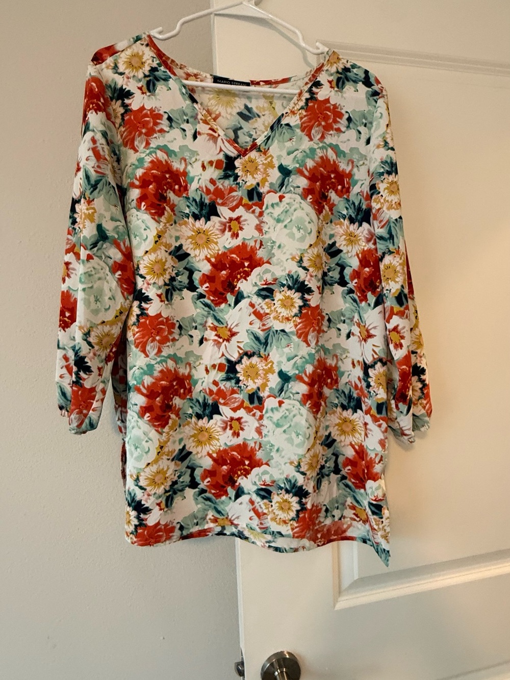 Mario Serrani Floral V-Neck Tunic in Red, Green & Cream